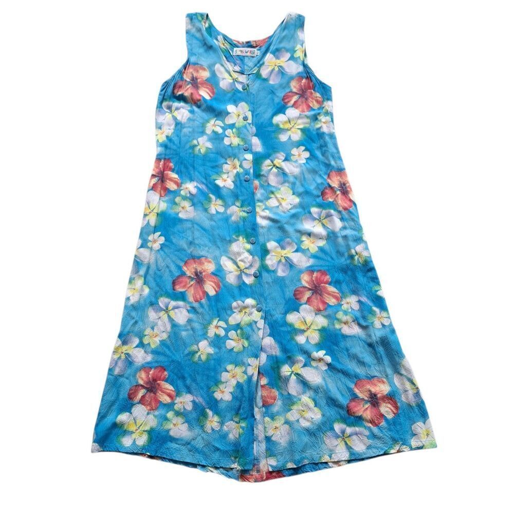 Vintage Jams World  Floral Print Puanani  Aqua Y2K Boho Preppy Midi Dress Large